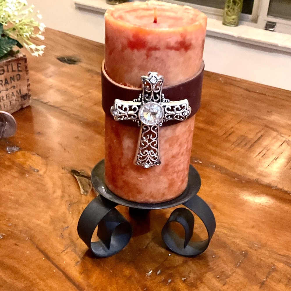 Caramel Colored Candle with Gorgeous Cross on Leather